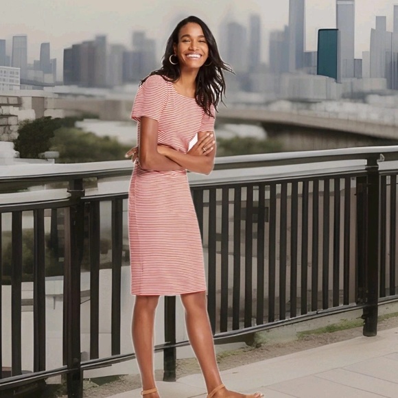 Ann Taylor Red Striped Puff Sleeve Dress Size 4 Stretchy Fit - Picture 1 of 11